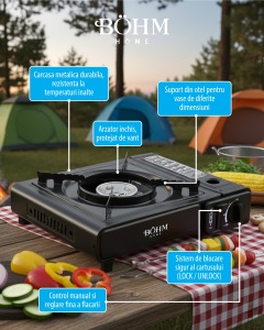 Plita cu un arzator pe gaz Camping BÖHM BG-K-001+L, GPL, 2.3 kW, Racord metalic extern pentru furtun de gaz - Img 11
