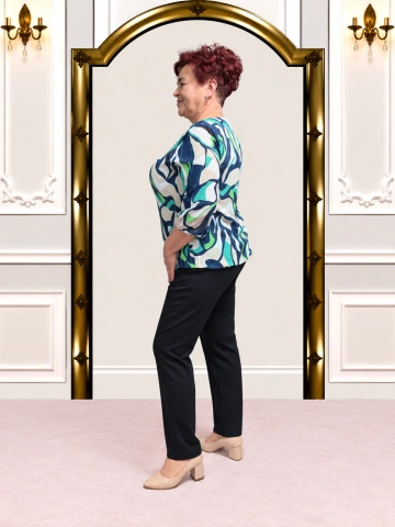 Compleu damă elegant cu bluză imprimată verde și bleumarin + pantalon negru – Daria - Img 2