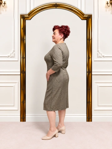 Rochie elegantă bej cu model texturat Sofia - Img 2