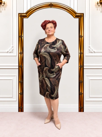 Rochie elegantă maro cu imprimeu abstract – Daria - Img 3