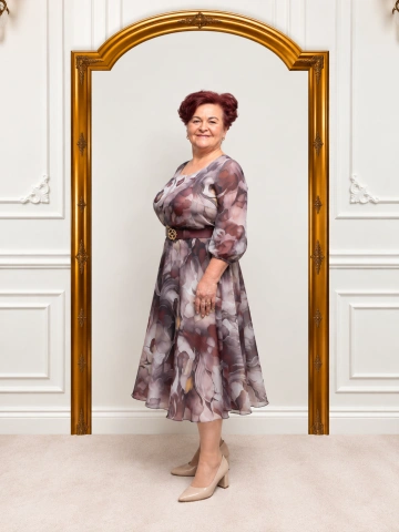 Rochie elegantă voal cu imprimeu floral bordo – Dalia