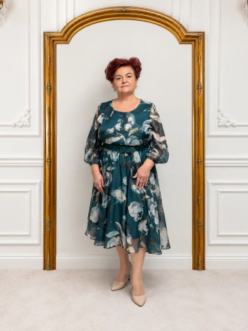 Rochie elegantă verde-petrol cu imprimeu floral – Victoria