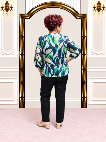 Compleu damă elegant cu bluză imprimată verde și bleumarin + pantalon negru – Daria - Img 3