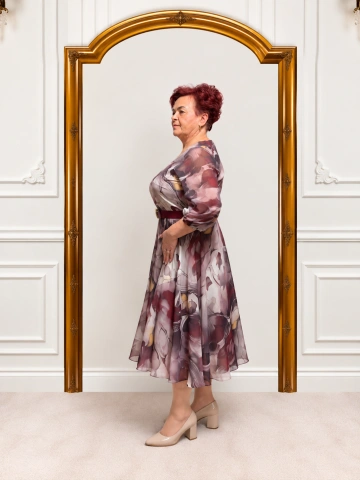 Rochie elegantă voal cu imprimeu floral bordo – Dalia - Img 2