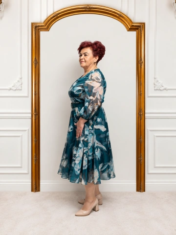 Rochie elegantă verde-petrol cu imprimeu floral – Victoria - Img 2