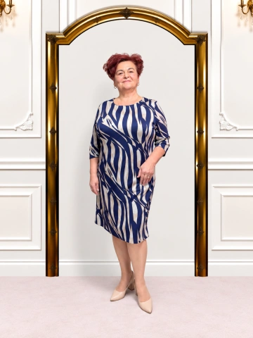 Rochie elegantă bleumarin cu imprimeu geometric – Marina