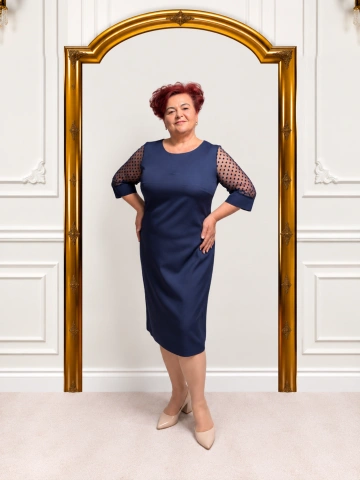 Rochie elegantă bleumarin cu mâneci din tull Elena