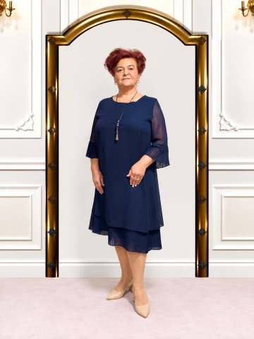 Rochie elegantă bleumarin din voal cu detalii plisate – Natalia