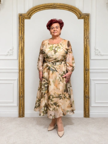 Rochie elegantă florală bej cu curea – Dalia