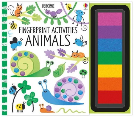 Fingerprint activities: Animals, carte cu tușiera, 7 culori, de pictat cu degetele, usborne