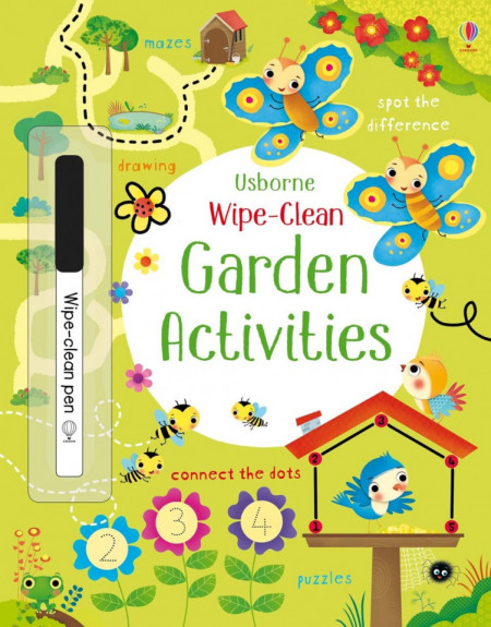 Carte de tip scrie si sterge la nesfarsit cu marker inclus, Wipe-clean garden activities, usborne