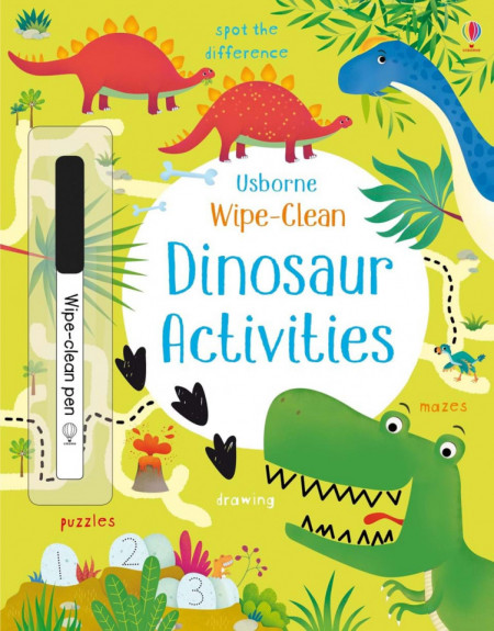 Carte de tip scrie si sterge la nesfarsit, cu marker inclus, Wipe-clean dinosaur activities, usborne
