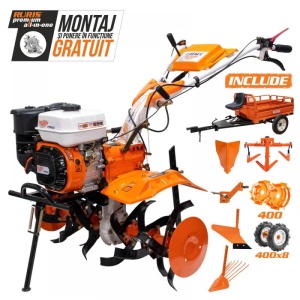 Motosapatoare RURIS 731ACC3 + roti cauciuc 5.00-8+rarita+plug+adaptor+dispozitiv scos cartofi+roti metalice 400 fara manicot+cultivator+remorca RURIS 550S 8.5 CP