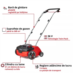 Scarificator/aerator, pe acumulator Einhell GC-SC 18/28 Li-Solo, latime lucru 28 cm (3420604) - Img 9