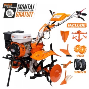 Motosapatoare RURIS 731ACC1, 8.5 CP, roti cauciuc 5.00-8 + rarita + plug + adaptor + dispozitiv scos cartofi + roti metalice 400 fara manicot + cultivator