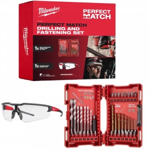 Set burghie si biti de impact Milwaukee 39 bucati + ochelari de protectie PERFECT MATCH 4932492657