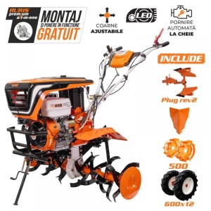Motosapatoare RURIS 918ACC, 18 CP + roti cauciuc 6.00-12+rarita+plug reversibil rev2+roti metalice 500
