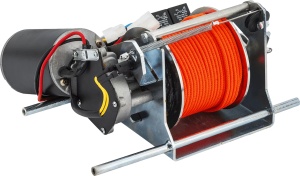 Anchoră electrică premium de proovă Stronger Steelhands 35 (SH-35), echipată cu motor de 120W la 12V, carcasă din plastic ABS rezistent la UV, ruliu din oțel galvanizat de 3 mm, tambur cu frânghie de 40m și funcție mecanică de coborâre în cădere liberă (f