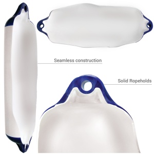 IMAGE CAPTION: Gamă de baloane bicolore albe cu cap albastru OCEAN seria H Heavy Duty (modele de la H2 la H8), fabricate monobloc din PVC Plastisol prin turnare rotativă, cu ochiuri de prindere ranforsate structural, destinate ambarcațiunilor între 5m și 