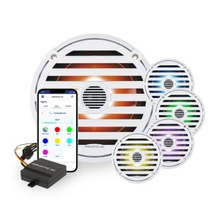 Pereche de boxe coaxiale marine Aquatic AV Elite EL423 de 6.5 inch – Difuzoare premium albe cu putere maximă de 240W la 4 Ohmi, sistem de iluminare LED RGB integrat pe con și etanșeitate certificată IP65.