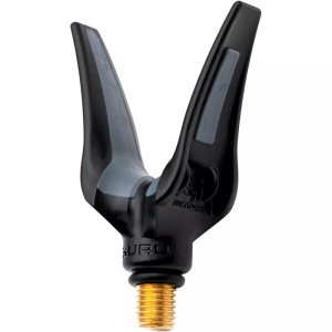 Cap suport feeder Guru Mini Stealth Reaper Rest, versiune compactă pentru pescuit pe râu, oferind fixare sigură a cotorului și stabilitate excelentă pe rod pod sau pichet