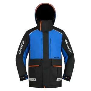 Costum de iarnă flotabil Graff FLOAT GUARD Fishing Set 215-O-B-15 Edition 3.0, de culoare grafit cu inserții reflectorizante și portocalii de siguranță, echipat cu membrană BRATEX, umplutură flotabilă Float Guard, manșete din neopren și fermoare YKK VISLO