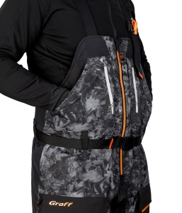 Costum tehnic de iarnă flotabil Graff FLOAT GUARD Fishing Set 215-O-B-8 Edition 4.0, în varianta de culori 8 cu inserții reflectorizante și design tactic, echipat cu membrană BRATEX de 10.000mm, spumă flotabilă FLOAT și fermoare etanșe YKK VISLON.