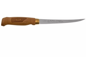 Cuțit Filetat Marttiini Superflex 15 – Lamă extra-flexibilă de 150mm din oțel inox, mâner din mesteacăn cu model laser și teacă din piele închisă la culoare.
