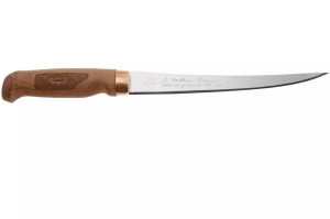 Cuțit Filetat Marttiini Superflex 19 – Lamă super-flexibilă din oțel inox de 19cm, mâner din mesteacăn tratat termic cu textură laser și teacă din piele maro.