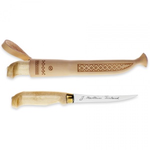 Cutit Marttiini Clasic pentru Filetat 10 cu lama flexibila de 100mm si maner din mesteacan, livrat cu teaca din piele naturala.