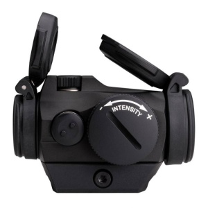 Aimpoint Micro H2 2 MOA cu montură Weaver/Picatinny montat pe carabină, red dot compact pentru vânătoare și tir sportiv.