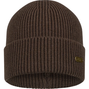 Fes tricotat din lână Blaser Tommy Rib Dark Brown cu manșetă lată și logo Argali metalic.