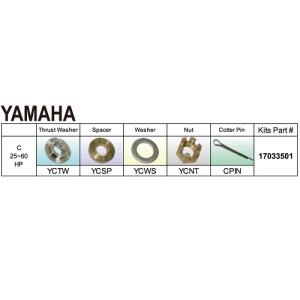 Kit complet prindere elice Yamaha 25-60CP – Ansamblu de fixare premium pentru axul cu 13 caneluri, esențial pentru mentenanța și siguranța motoarelor Yamaha 2T și 4T fabricate între 1976 și 2026.