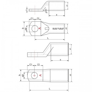 Diagrama cotelor tehnice pentru papucul de cupru stanat, indicând diametrul găurii de șurub (D), lățimea terminalului (B) și lungimea totală (L) pentru o selecție precisă