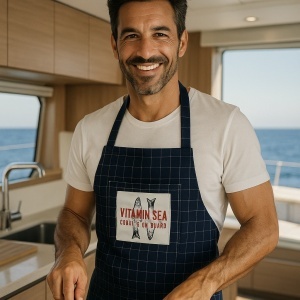 Set din 3 piese de bucătărie Vitamin Blue de la Marine Business, format din șorț de bucătărie și 2 suporturi termice din bumbac 100%, ideal pentru ambarcațiuni și iahturi