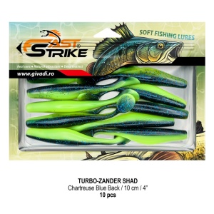 Shad de șalău Fast Strike Turbo Zander 10cm 10bucati blister rigid pentru pescuit la răpitori.