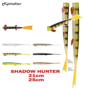 Shad Kamatsu Shadow Hunter 21cm – nălucă modernă pelagică cu cameră internă, aripioare laterale și coadă mobilă, perfectă pentru răpitori mari.