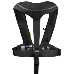 Vestă de salvare automată Spinlock Deckvest LITE+ de culoare neagră, cu capacitate de flotabilitate de 170N și ham de siguranță cu buclă textilă (soft loop) integrat, destinată adulților cu greutatea de peste 50kg pentru navigație marină de siguranță