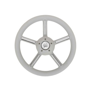 Volan premium pentru barcă Ultraflex V56 de 350mm cu 5 spițe din inox – Echipament marin original fabricat în Italia, coroană îmbrăcată în poliuretan negru soft-touch cu inserții metalice aplicate și butuc universal integrat.