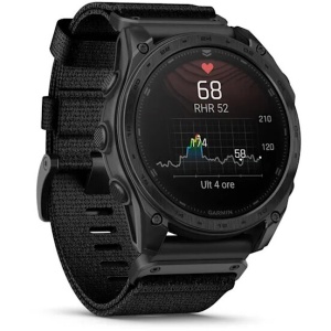 Ceas smartwatch GPS tactic Garmin tactix 8 Standard AMOLED 51mm cu ramă din titan și lanternă verde.
