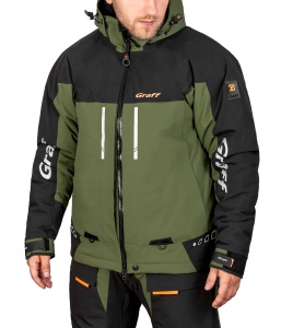 Costum tehnic de iarnă flotabil Graff FLOAT GUARD Fishing Set 215-O-B-7/1 Edition 4.0, în varianta de culori 7/1 cu inserții reflectorizante și design tactic, echipat cu membrană BRATEX de 10.000mm, spumă flotabilă FLOAT și fermoare etanșe YKK VISLON.