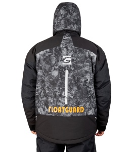 Costum tehnic de iarnă flotabil Graff FLOAT GUARD Fishing Set 215-O-B-8 Edition 4.0, în varianta de culori 8 cu inserții reflectorizante și design tactic, echipat cu membrană BRATEX de 10.000mm, spumă flotabilă FLOAT și fermoare etanșe YKK VISLON.