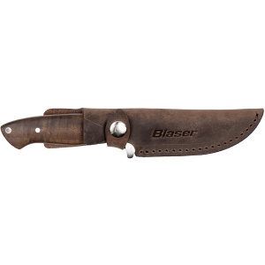 Cuțit Blaser Classic Brown – Instrument de vânătoare premium cu lamă de 9.9cm din oțel 14C28N, mâner din lemn de măslin și teacă tradițională din piele.
