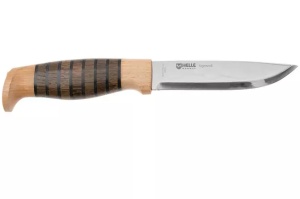 Cuțit Helle Sigmund – Instrument premium cu lamă de 107mm din oțel triplu laminat, mâner din fag, stejar și piele, cu teacă din piele naturală inclusă