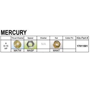 Kit complet prindere elice Mercury/Mariner 6-15CP – Vedere de ansamblu a componentelor necesare pentru fixarea pe axul cu 8 caneluri, compatibil cu modelele fabricate între 1986 și 2026.