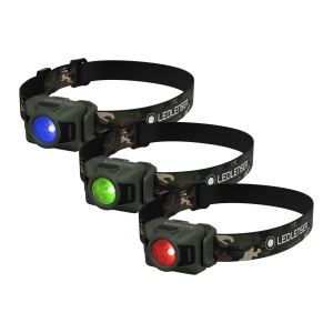 Lanternă frontală Ledlenser HF4R RGB Camo 650 lumeni cu lumini Roșu/Verde/Albastru, alimentare USB-C și protecție IP67.