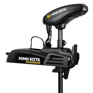 Motor electric de trolling Minn Kota PowerDrive 55lb 12V cu lungimea axului de 137cm, echipat cu sondă sonar Dual Spectrum CHIRP integrată, sistem de poziționare GPS, ancoră digitală Spot-Lock și micro telecomandă wireless.