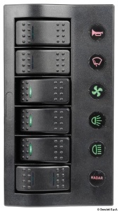 Panou electric 12V Sea World Osculati cu sigurante automate, LED bicolor rosu/verde si etansare IP66, disponibil in variante cu 4 si 6 circuite.
