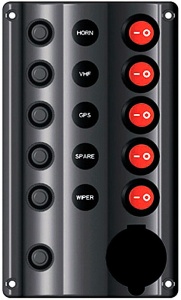 Panou electric 12V seria WAVE Osculati cu sigurante automate, iluminare LED si priza bricheta IP54, disponibil in varianta cu 5+1 
