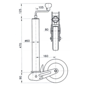 Roată Manevră Peridoc 60mm (250kg) – Detaliu tub ranforsat, roată lată de 60mm pentru stabilitate pe teren moale și mecanism de ridicare pentru sarcini grele.